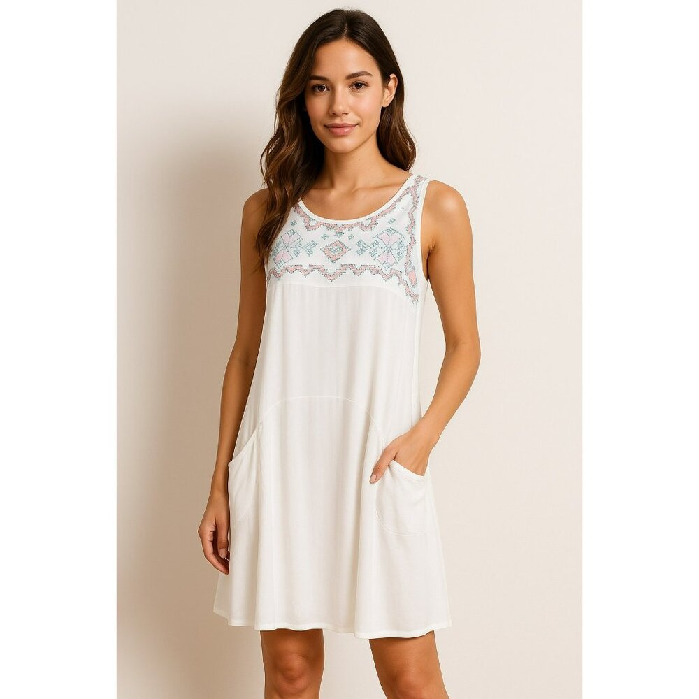 NWT Tasha Polizzi Womens White Sleeveless Embroidered Tunic Dress W/ Pockets Siz